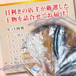 クジラ入り！厳選干物 6種セット 創業80年！地元で愛される人気の干物 Aセット （アジ開き×2枚、サンマ開き×2枚、カマス開き×2枚、タチウオみりん干し100g、イラギみりん干し100g、鯨の大和煮120g) ひもの【sio100A】