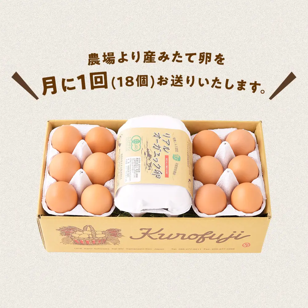 【6ヵ月定期便】リアルオーガニック卵 18個×6ヶ月 卵定期便 有機JAS 山梨県 甲斐市 B-23
