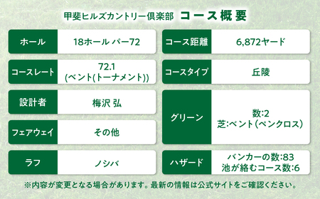甲斐ヒルズカントリー倶楽部 ゴルフ施設利用券B 山梨 ゴルフ場利用券 チケット 山梨県