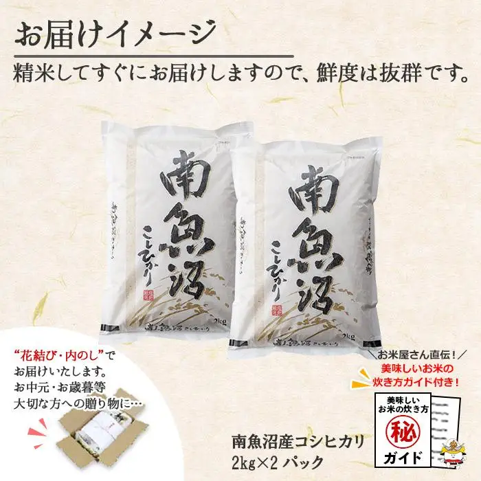 無地熨斗 新潟県 南魚沼産 コシヒカリ こしひかり お米 2kg ×2個 計4kg 精米 魚沼 米 炊き方ガイド付き お中元 お歳暮 gift ギフト プレゼント【銘柄米 ブランド米 精米 こしひかり コシヒカリ 魚沼産 新潟米 産地直送 ごはん】