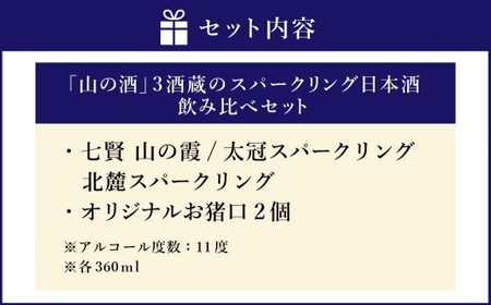 山梨の「山の酒」3酒蔵のスパークリング日本酒飲み比べ3本セット（各360ml×1本） 計1,080ml 計3本 スパークリング 日本酒 酒 七賢 山の霞 太冠スパークリング 北麓スパークリング オリジナルお猪口 2個 付き アルコール度数：11度