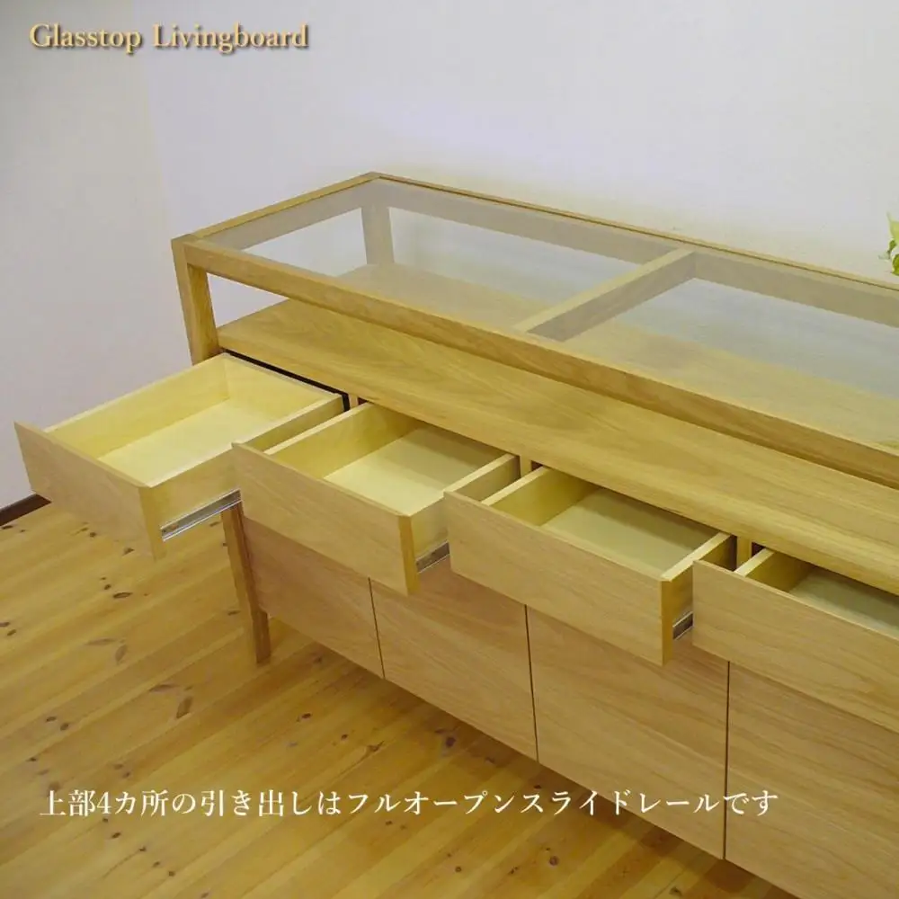 【ガラストップリビングボード140cm・オーク材・オイルフィニッシュ】無垢とツキ板を使ったおしゃれなガラストップのリビングボード 家具 サイドボード ローボード 棚 シェルフ 飾り棚 MUFactory
