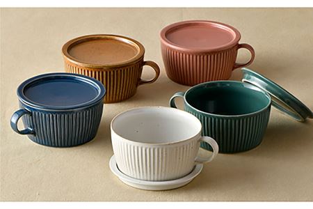 【波佐見焼】【オーブン可】ハンドル付蓋物 5色セット 小皿 スープカップ スープマグ  食器 皿 【舘山堂】 [RC26]  波佐見焼