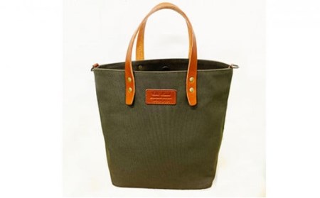 倉敷産帆布×本革　2way　トートバッグタグ(カーキ×ブラウン)◇