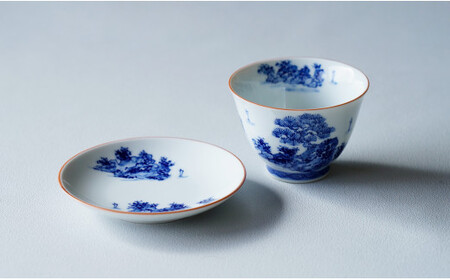 有田焼 手描き 山水絵 せん茶碗皿セット 小 【起山窯】食器 器 うつわ 茶器 煎茶碗 湯呑み 湯呑 茶托 小皿 菓子皿 食洗機対応 A30-642