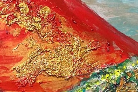 富士山溶岩パワーアート「赤富士と黄金の桂川」 絵画 アート