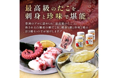 しらぬか産柳だこ(600g)と珍味(まんまの三杯酢・まんまの塩辛)の計3種セット_I017-0469