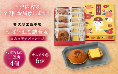 【3回定期便】五島市限定パッケージ つばきねこ 詰合せ 1号 ( つばきねこ 三笠山 4個/ カステラ 巻6個) 五島市/文明堂総本店[PEO003]  和菓子 洋菓子 詰め合わせ 化粧箱 餡 あんこ 贈答