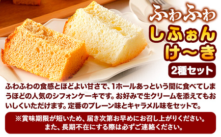 スイーツ デザート 洋菓子 ケーキ シフォンケーキ プレーン キャラメル ギフト 十勝 ふわふわ「しふぉんけ～き」2種セット《60日以内に出荷予定(土日祝除く)》北海道 本別町 有限会社松月堂 送料無料