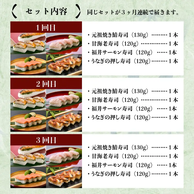 【3ヶ月連続お届け】 色とりどりの 「4種の押し寿司詰め合わせ」 セット × 3回 [B-0505]
