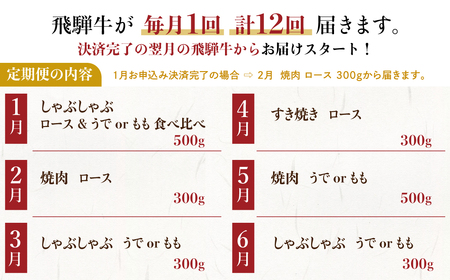 【ふるさと納税】定期便 全12回 飛騨牛 5等級 しゃぶしゃぶ すき焼き 焼肉 お楽しみ定期便 12ヵ月 ロース もも うで 食べ比べ 国産牛 国産 牛肉 肉 厳選 熟成 肉の沖村[Q1206]