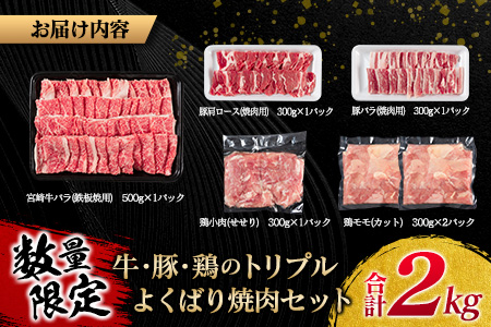 数量限定 牛肉 豚肉 鶏肉 トリプル よくばり 焼肉 セット 合計2kg 宮崎牛 ブランド牛 黒毛和牛 国産 食品 高級 贅沢 ご褒美 お祝 人気 おすすめ おかず お弁当 BBQ キャンプ グランピング お取り寄せ グルメ 詰め合わせ 大容量 宮崎県 日南市 送料無料_CB101-25