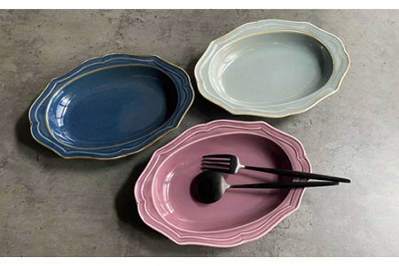 【美濃焼】fiorire-フィオリーレ- オーバルベーカー Sサイズ 3枚セット（Burgundy×iceblue×indigoblue）【Felice-フェリーチェ-藤田陶器】 食器 楕円皿 パスタ皿 ケーキ皿 写真映え おしゃれ [MBX011]