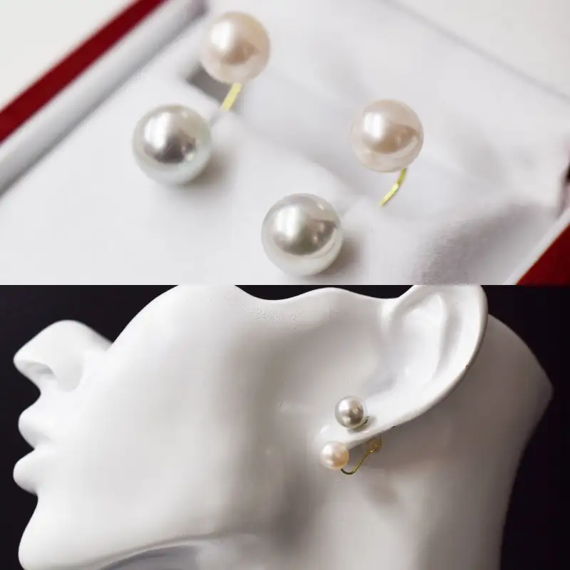 S085-208_天草産 8mm - 8.5mm × 7.5mm - 8mm あこや真珠 ナチュラル ホワイトピンク 花珠級 真多麻級 ピアス L字 ダブルパールピアス K18 K14