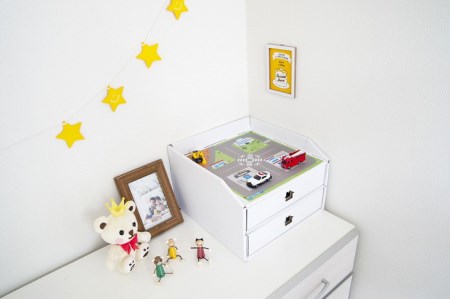 子供用ダンボール家具　ジュニアデスクチェア＆お片づけボックス＆１個・２個引き出しセット◇≪ダンボール 段ボール 収納 家具 段ボール家具 ダンボール家具 軽い 子供用 子供 キッズ おしゃれ デスク 机 お片付け 引き出し 子供部屋≫【カラー：青】