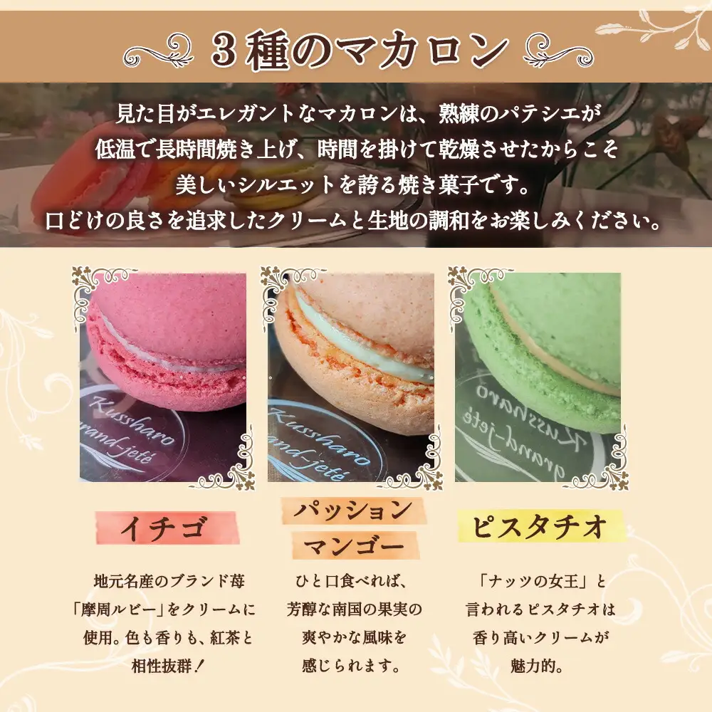 1594. 無地熨斗 マカロン 6個入り grand-jete' いちご パッションマンゴー ピスタチオ イチゴ 苺 マンゴー スイーツ お菓子 洋菓子 冷凍 お取り寄せ グルメ ギフト ガラス工房 グランジュテ のし 名入れ不可 送料無料 10000円 北海道 弟子屈町