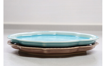 有田焼 春秋彫 色釉変形フラットプレート ペアセット 大慶 A24-54