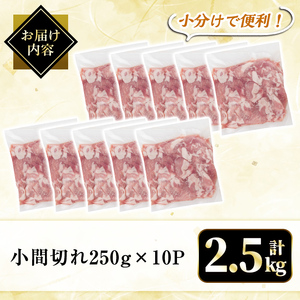 A4-019 国産！鹿児島県産黒豚小間切れ計2.5kg(真空パック・250g×10P)【肉の豊楽】霧島市 肉 豚 豚肉 小分け