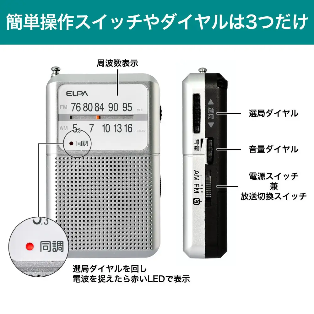 AM/FM電池長持ちラジオ　ポケットサイズ　防災　ER-P80F