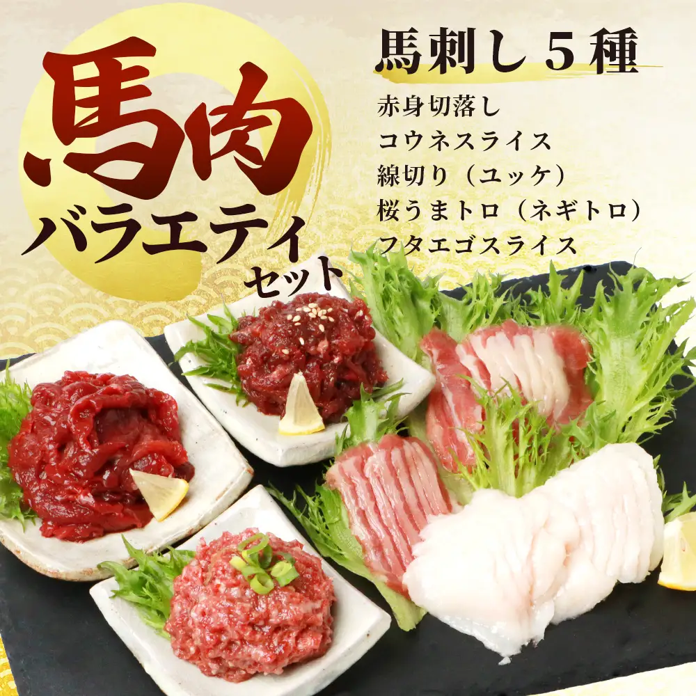馬肉バラエティー6種セット 約1.02kg (赤身/コウネ/ネギトロ/ユッケ/フタエゴ/ハンバーグ/タレ付き)031-0491