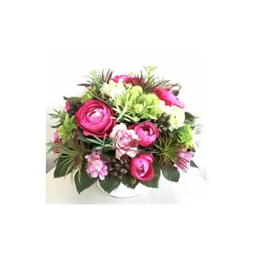 【ギフト用】美流渡の森 アーティフィシャルフラワー・アレンジメント　ピンク、グリーン（ブリキ花器シリーズ）【12203】