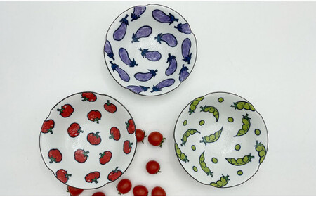 有田焼 野菜畑のボウルセット【ミニトマト・そら豆・なすび】鷹巣瑞光堂 皿食器 器 取り皿 3枚 野菜柄 ボウル 35000円 3.5万円 A35-559