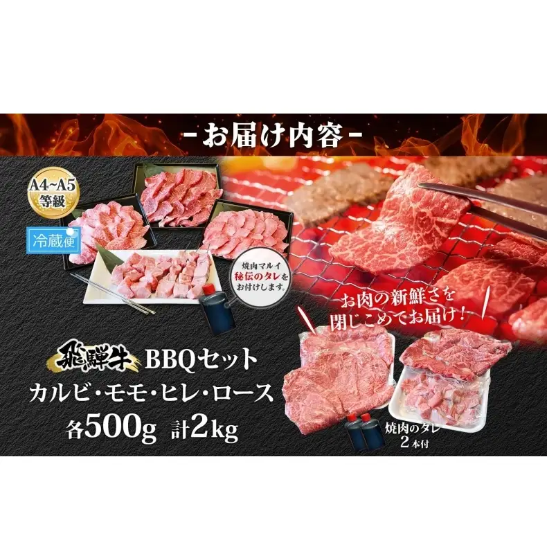 焼肉マルイ 串付き 飛騨牛BBQセット 約2kg 焼肉 串焼き BBQ セット カルビ ヒレ肉 モモ肉 ロース肉 お肉 肉 お家で簡単 本格 国産 国産牛 牛 牛肉 和牛 秘伝のたれ タレ付き 焼くだけ簡単 お取り寄せグルメ 送料無料 岐阜県 安八町