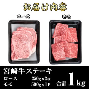 宮崎牛ステーキ(ロース・モモ)セット(合計1kg・各500g)国産 牛肉 お肉 冷凍【R-77】【ミヤチク】