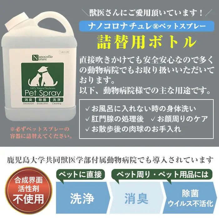 【詰替用】ナノコロナチュレペットスプレーボトル（1,000ml×2本）　【00-113-12】