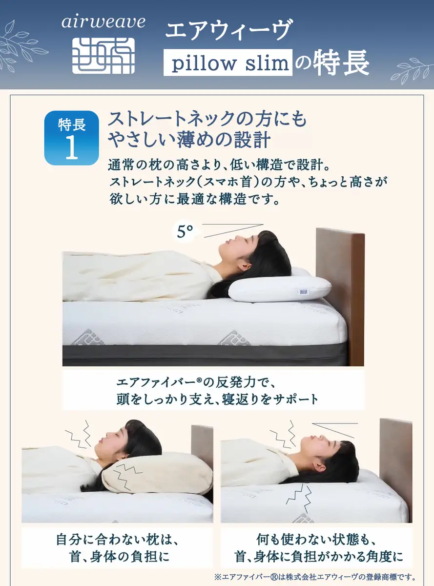 エアウィーヴ ピロー スリム 枕 まくら 洗える 洗濯可 いびき 高反発