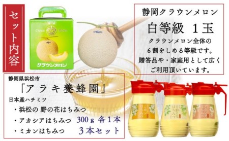 クラウンメロン並【白等級】中玉1玉＋アラキ養蜂園の国産はちみつ【アカシア＋ミカン＋野の花】300g×各1本（合計900g） 果物 メロン青肉 上品な甘み 柔らかな食感 高級メロンブランド 