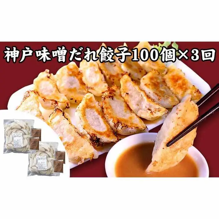 【定期便3ヶ月コース】神戸名物 味噌だれ餃子100個（50個×2パック）×3回