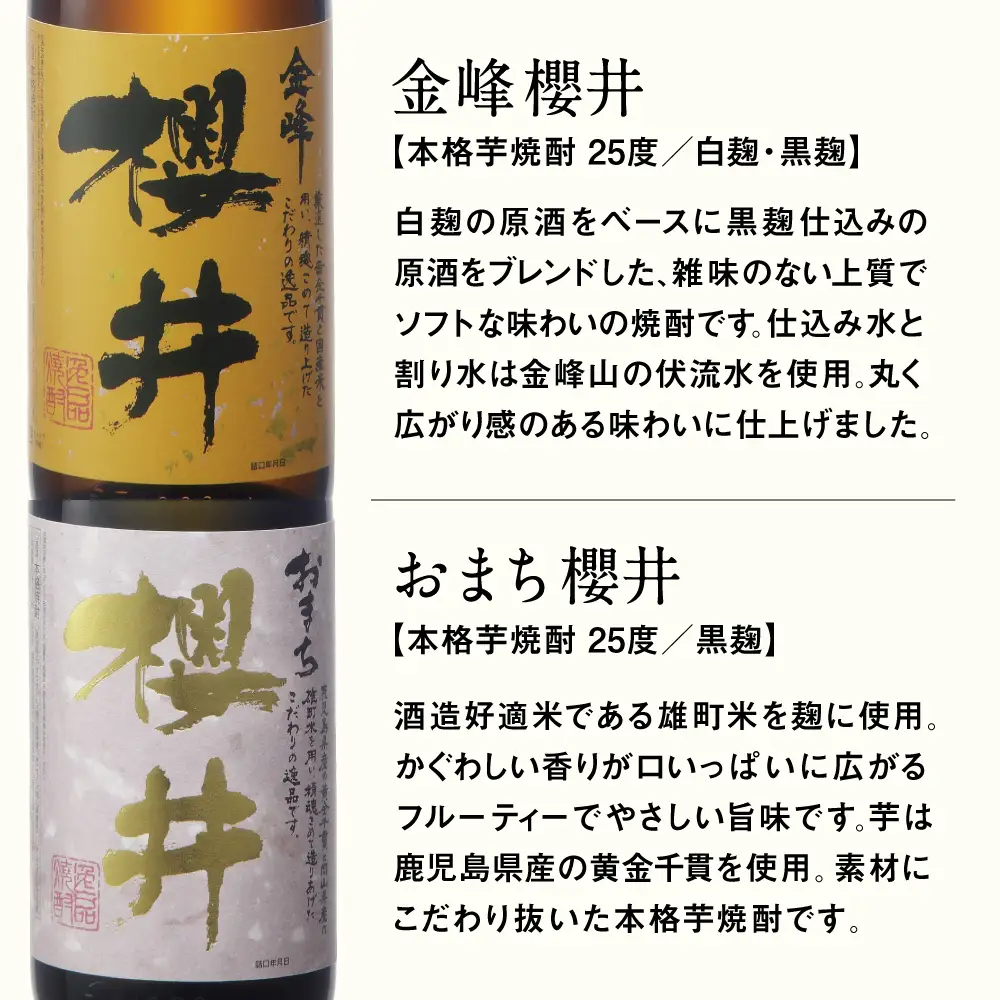 櫻井酒造 本格芋焼酎 一升瓶 飲み比べセット（1.8L×2本）【金峰櫻井・おまち櫻井】 飲み比べ 家飲み 宅飲み 芋焼酎 お酒 ギフト ご贈答 お湯割り 水割り ロック ハイボール 25度 プレミア 限定 米麹 匠の技 こだわり 南さつま市 人気
