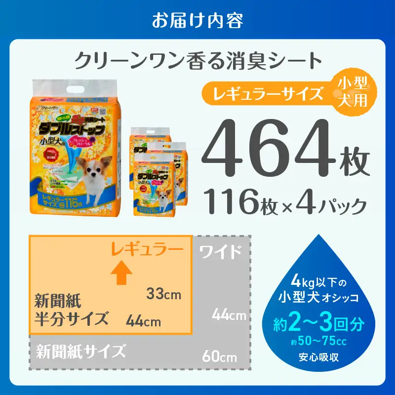 ペットシート 小型犬用 「香る 消臭シート ダブルストップ」 レギュラー 464枚 (116枚×4袋) しっかり吸収 消臭 フレッシュフローラルの香り 抗菌 厚型 ペットシーツ トイレシーツ クリーンワン ペット用品 日用品 富士市 [sf002-164]