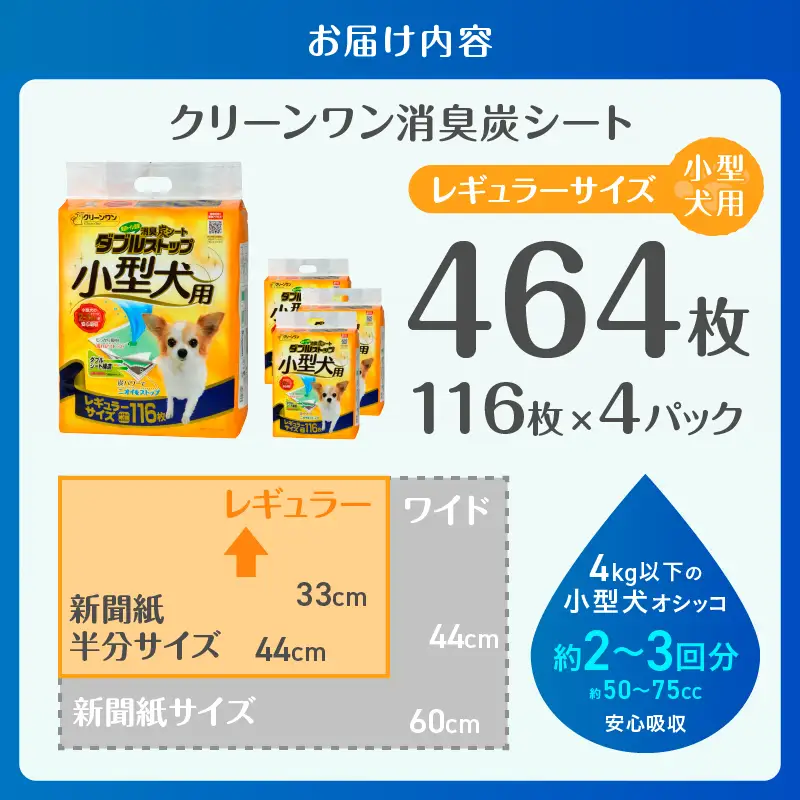 ペットシート 小型犬用 「消臭炭シート ダブルストップ」 レギュラー 464枚 (116枚×4袋) しっかり吸収 消臭 抗菌 厚型 ペットシーツ トイレシーツ クリーンワン ペット用品 日用品 富士市 [sf002-165]