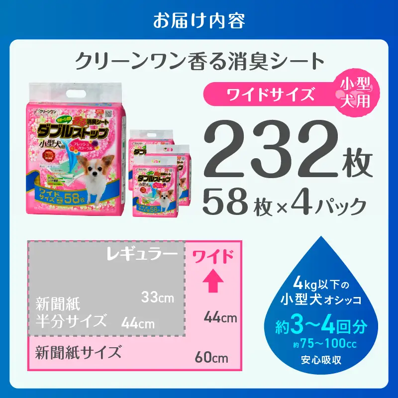 ペットシート 小型犬用 「香る消臭炭シート ダブルストップ」 ワイド 232枚 (58枚×4袋) フレッシュフローラルの香り しっかり吸収 消臭 抗菌 厚型 ペットシーツ トイレシーツ クリーンワン ペット用品 日用品 富士市 [sf002-166]