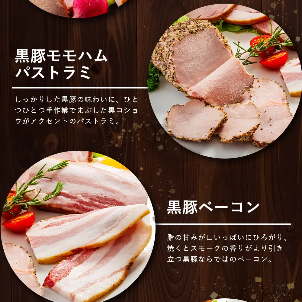 鹿児島県産 黒豚ギフトB 8種セット 約1.48kg NS-513 ❘ 肉 お肉 豚肉 豚 にく ぶた かごしま黒豚 焼豚 モモハム パストラミ ベーコン 厚切り ハム ウィンナー ボロニア 生ハム ウィンナー 冷蔵 詰め合わせ 贈り物 鹿児島県 南大隅町 南州農場