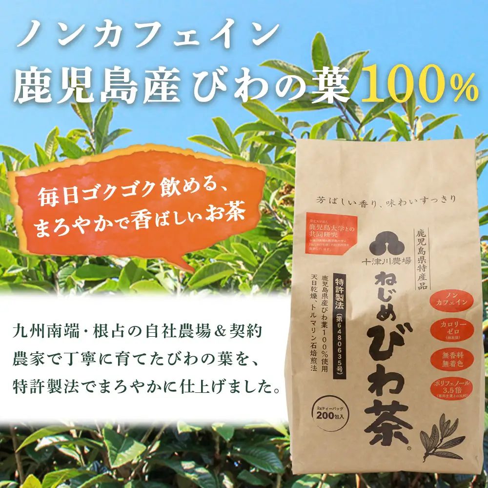 鹿児島県産 ねじめびわ茶 ティーバック（20包入×10袋）ノンカフェイン TO-512 | 国産 お茶 茶 カロリーゼロ 無香料 無着色 トルマリン石焙煎 さわやか 甘み 香ばしい おいしい びわの葉 産地直送 鹿児島県 南大隅町 十津川農場