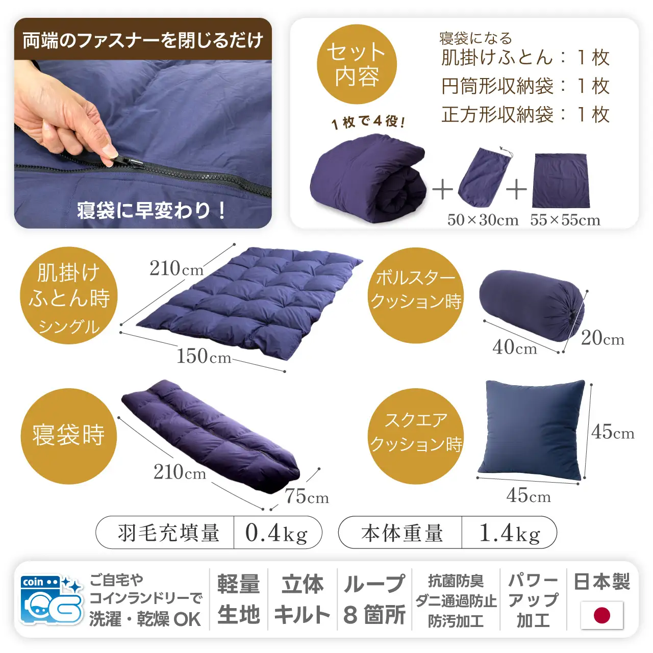 【寝袋 にもなる 4way!】 洗える 羽毛布団 掛け布団 肌掛け シングル アウトドア ダック93％ ネイビー [川村羽毛 山梨県 韮崎市 20743476]