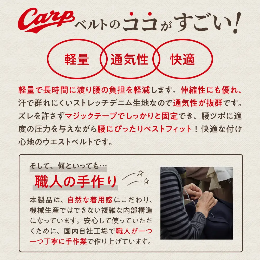 Carpベルト Lサイズ（85~90cm）広島東洋 カープ グッズ プロ野球 簡単装着 ウエストサポーター サポート シェイプベルト ストレッチデニム マジックテープ 軽量 伸縮性 通気性 抜群 ウォーキング スポーツ 国産 ku062-004-l-r