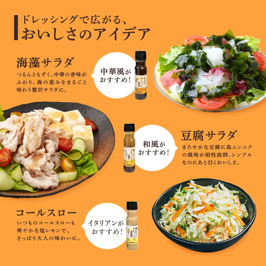 ドレッシング (3本セット) 厳選素材 こだわり 保存料不使用 島ニンニク 塩レモン モズク 料理 調味料 奄美大島 宇検村 鹿児島