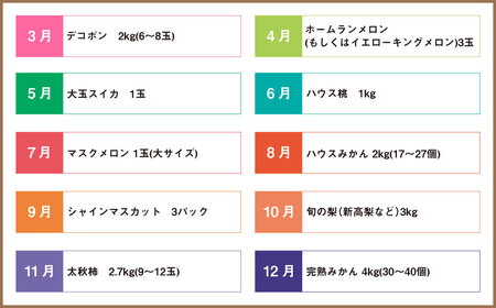 【6か月連続定期便】熊本便り！旬のフルーツ単品定期便 ｜ くだもの 果物 フルーツ 旬 いちご 柑橘 みかん デコポン メロン すいか 桃 シャインマスカット 梨 柿 熊本県