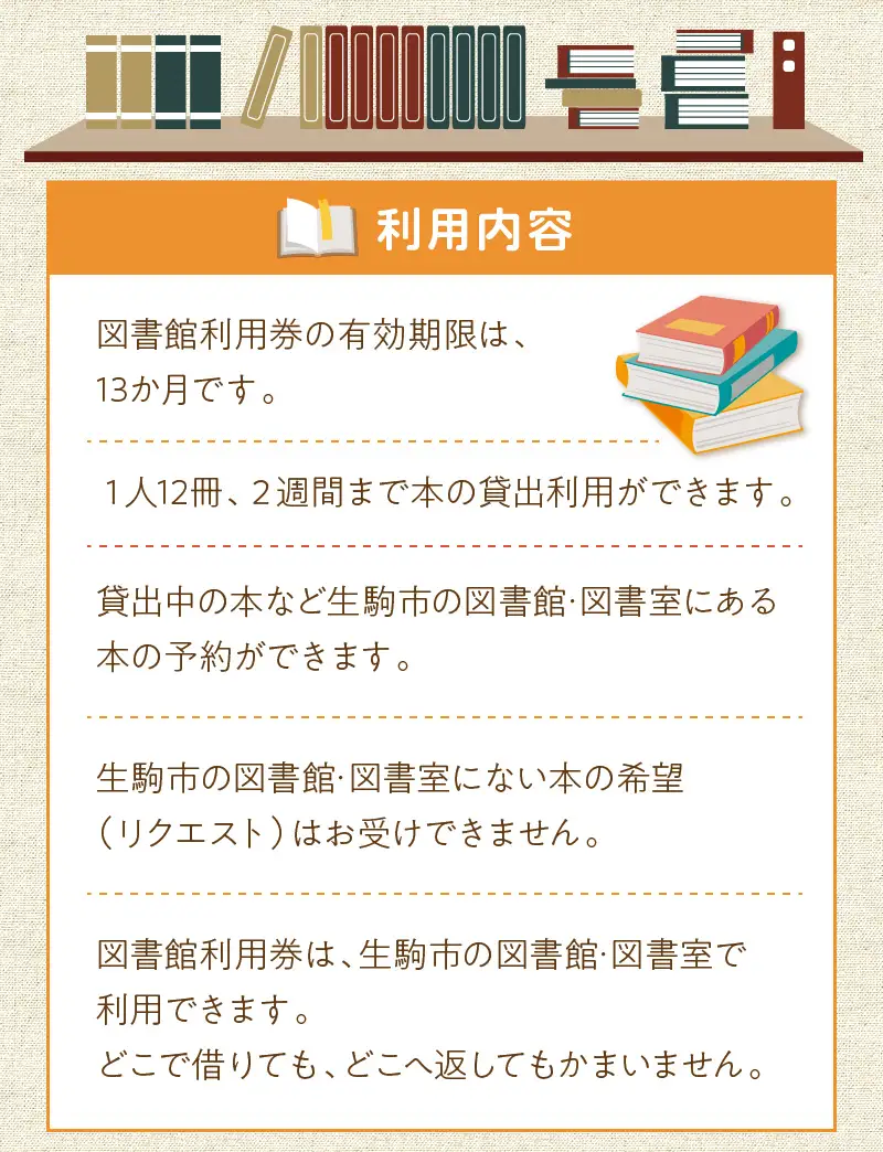 生駒市図書館利用券 生駒市 図書館 利用券 本貸出利用 予約 北分館 南分館 生駒駅前図書室 木田文庫 鹿ノ台ふれあいホール図書室 奈良県 図書 読書 学習 本 貸出 送料無料