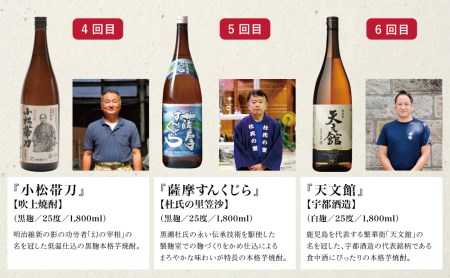 【定期便】本格芋焼酎 蔵元厳選定期便 全7回（一升瓶コース 薩摩焼黒千代香付き） 焼酎 芋焼酎 飲み比べ セット ハイボール 1.8L 1800ml 定期便 本坊酒造 東酒造 萬世酒造 吹上焼酎 杜氏の里笠沙 宇都酒造 櫻井酒造 鹿児島県 南さつま市