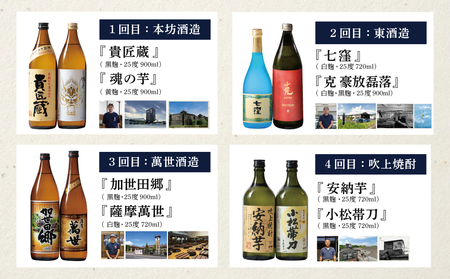 【焼酎定期便 全8回】本格芋焼酎 蔵元厳選定期便 計15本（14銘柄＋1銘柄） 焼酎 芋焼酎 飲み比べ セット ハイボール 720ml 900ml  本坊酒造 東酒造 萬世酒造 吹上焼酎 杜氏の里笠沙 宇都酒造 櫻井酒造 鹿児島県 南さつま市 七蔵