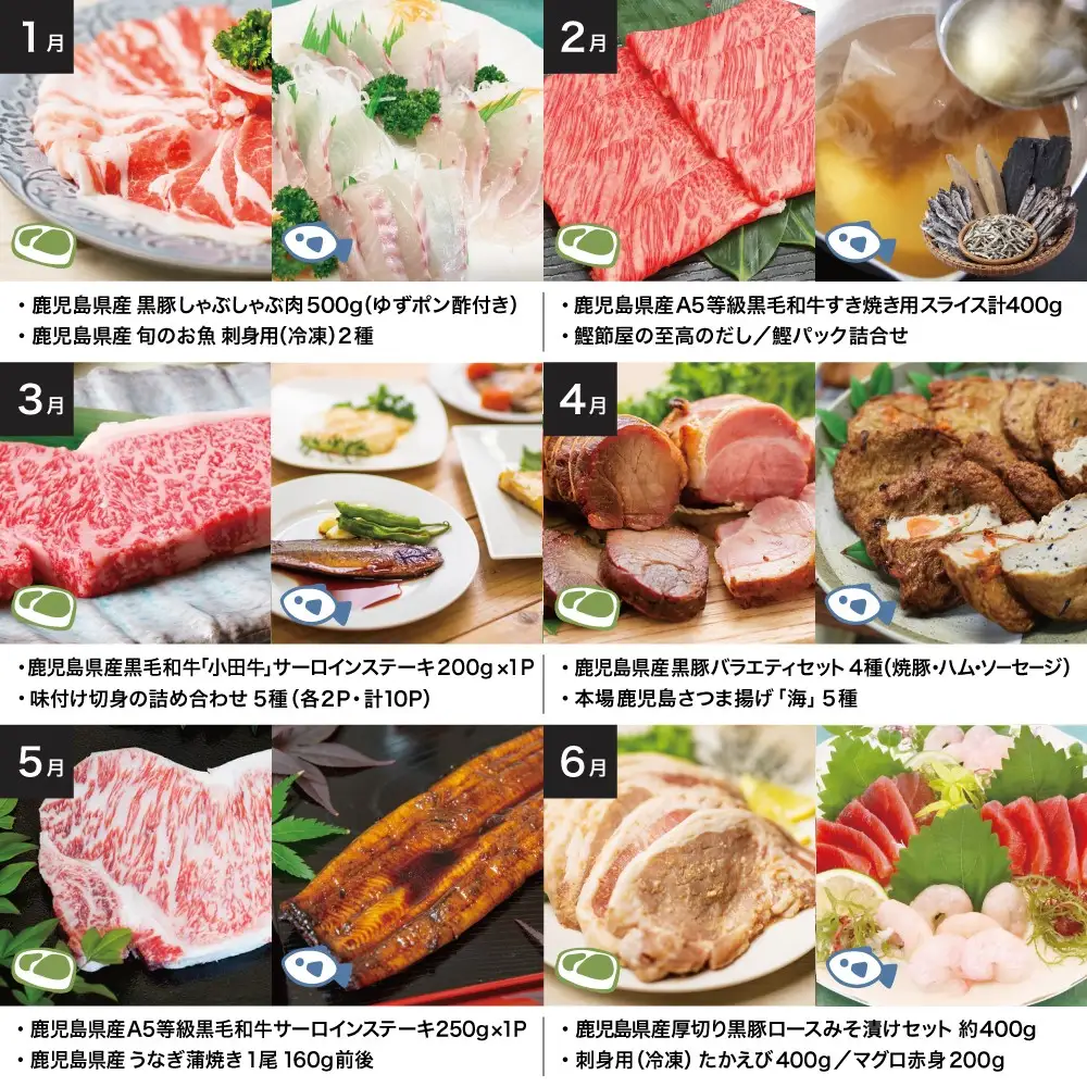 【定期便】海幸山幸 エクストラ厳選 定期便（全12回） お肉 お魚 豚肉 牛肉 黒豚 鹿児島黒牛 すき焼き サーロイン ステーキ しゃぶしゃぶ 角煮 鰻 蒲焼 刺身用 たかえび 薩摩甘えび 海老 マグロ さつま揚げ 焼豚 ハム レトルト ハンバーグ 出汁 鰹節