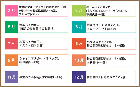 【3か月連続定期便】熊本便り！旬のフルーツ詰め合わせ定期便 ｜ くだもの 果物 フルーツ 旬 いちご 柑橘 みかん トマト メロン すいか シャインマスカット 梨 柿 熊本県