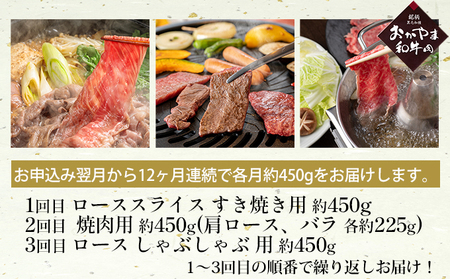 和牛定期便 12ヶ月 おかやま 和牛肉 A4等級以上 食べ比べ 毎月 約450g×12回
