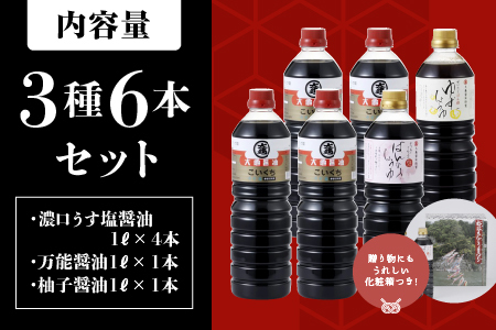 醤油 3種(濃口うす塩醤油×4L・万能醤油×1L・柚子醤油×1L)6本セット×1L(計6L)【醤油 しょうゆ しょう油 濃口うす塩醤油 万能醤油 柚子醤油 ポン酢 ゆずポン酢 だし入り 濃口 万能 柚子 減塩25％ 調味料 詰め合わせ セット】YS-7