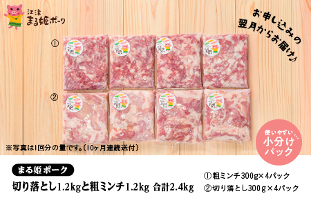 【定期便10ヶ月】まる姫ポーク 切り落としと粗ミンチ各1.2kg 計2.4kg｜豚肉 粗ミンチ 挽肉 小分け 切り落とし ミンチ 切り落とし 小分け パック AK-24